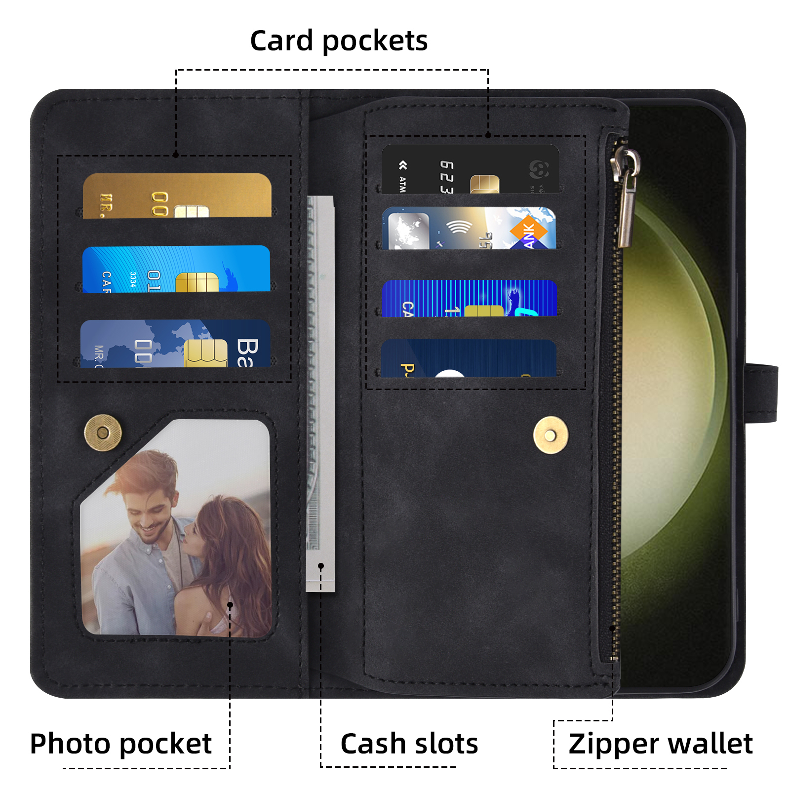 Asuwish Phone Case for Samsung Galaxy S23 Ultra 5G Wallet Cover With Tempered Glass Screen Protector Wrist Strap Flip Pattern Zipper Credit Card Holder Cell S23Ultra 23S S 23 23Ultra 6.8 inch Black