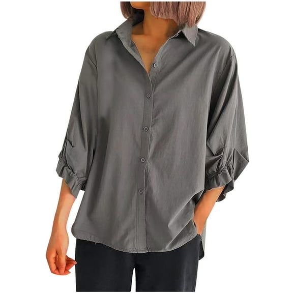 Stamzod Spring Tops for Women Fashion Solid Color Summer 3/4 Sleeve Button Up Shirt Women Plus Size Casual Cotton Shirts for Women Gray L