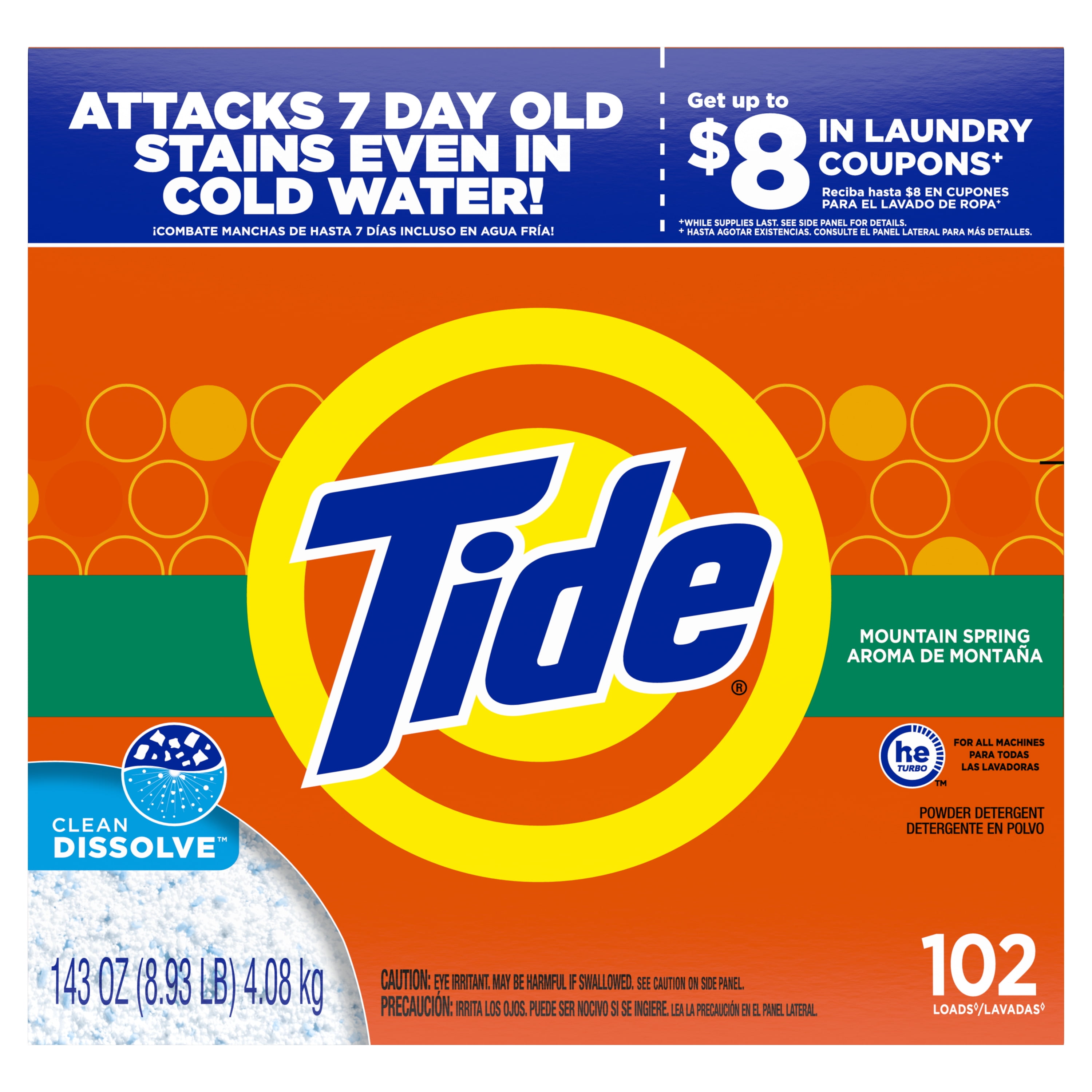 Tide Mountain Spring 102 Loads, Powder Laundry Detergent, 143 oz