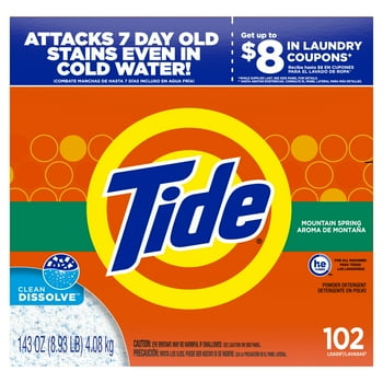 Tide ain Spring 102 Loads, Powder Laundry Detergent, 143 oz