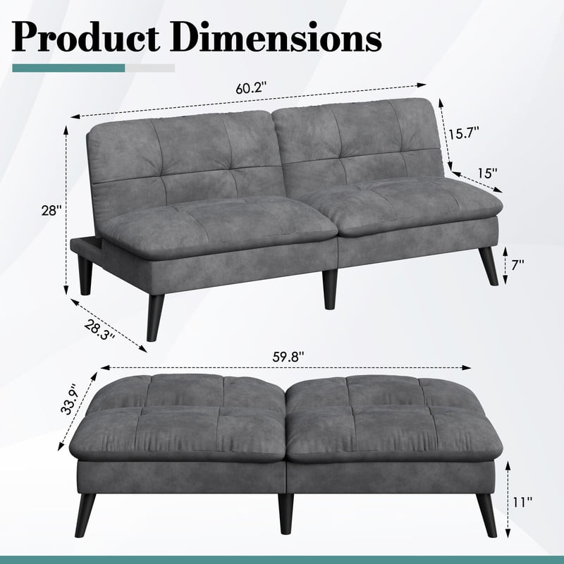 Walsunny 60” 3 in 1 Convertible Sofa Bed, Foldable Sleeper Futon Couch Bed with 3-Angle Adjustment, Soft Dutch Velvet Loveseat Couch for Small Space, Suitable for Relax, Dark Grey
