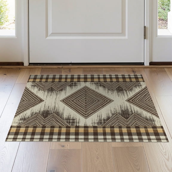 ODIKA 2'x3' Washable Accent Rug Waffle Decorative Distressed Vintage Border Symmetrical Tweed for Bedroom, Nursery, RV, Pet Friendly, Bedside Mat