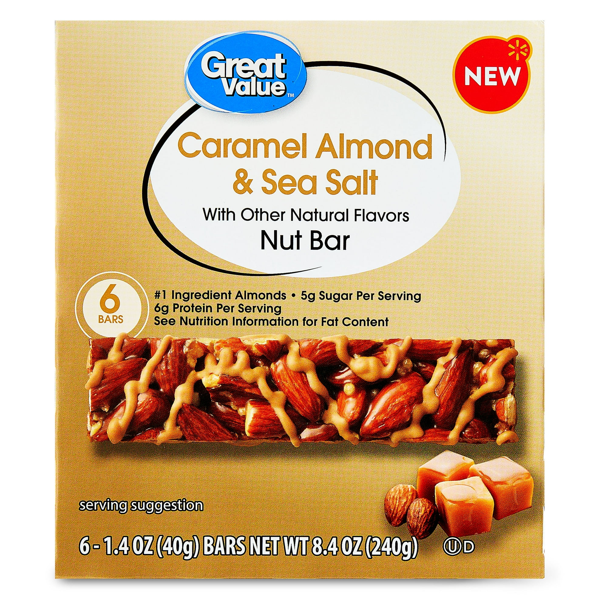 Great Value Caramel Almond & Sea Salt Nut Bars, 1.4 oz, 6 Count