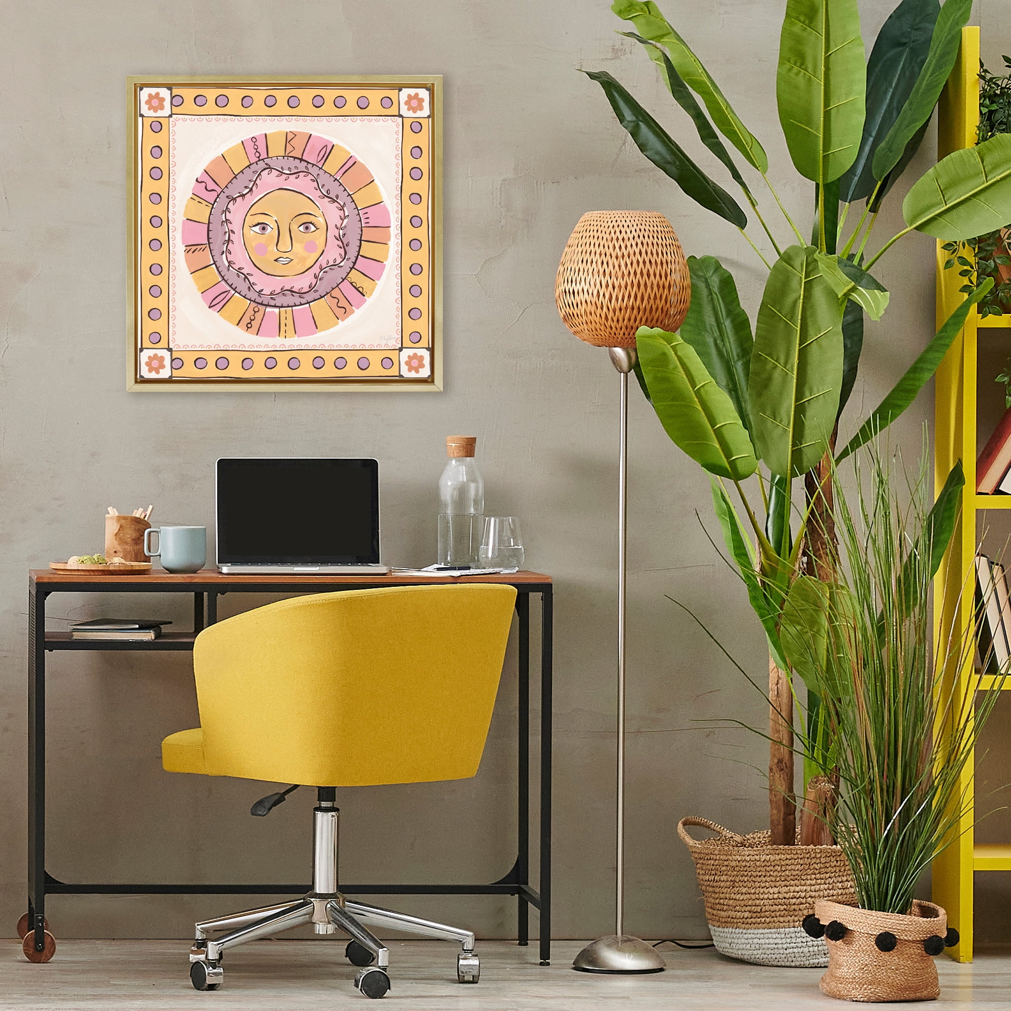 Stupell Industries Pastel Sun Face with Border Gold Framed Floater Canvas Wall Art, design by Two If By Sea Studios