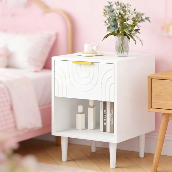 Modern Space-Saving Kids Nightstand, White with Gold Handle Drawer Solid Wood Leg, Bedside Table for Boys Girls Small Bedroom Spaces