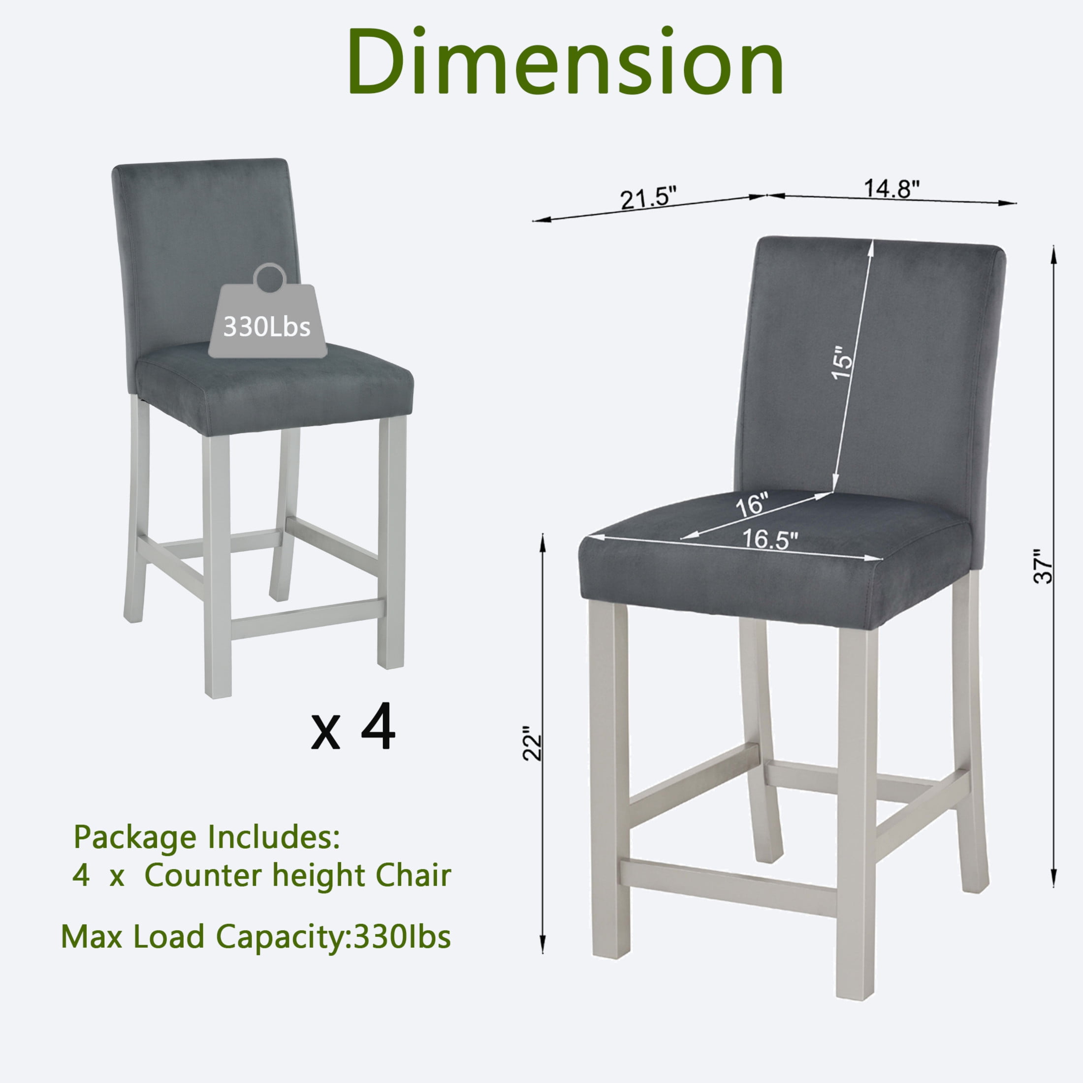 Noble House Counter Height Chairs Set of 4, Upholstered Kitchen Bar Stools with Solid Wood Legs, Silver Gray