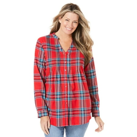 Woman Within Women's Plus Size Pintucked Flannel Shirt Color: Red Fun Plaid Size: 4X