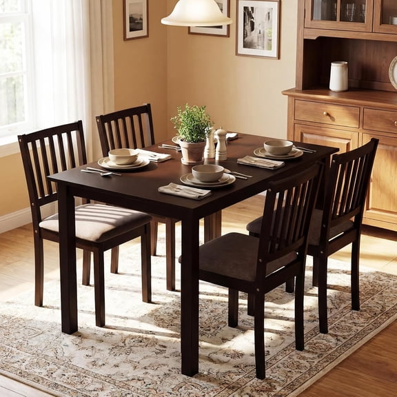 Dining Table Set for 4, Rectangular Kitchen Table w/4 Upholstered Chairs & Solid Rubber Wood Frame, Space-Saving Dinette Set for Small Space