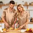 thumbnail image 5 of Couples Pajamas Matching Sets 2 Piece Lounge Set Silk Satin Pajamas Matching Button Down Tops and Shorts Soft Sleepwear S-Xxxxl（Women）, 5 of 8