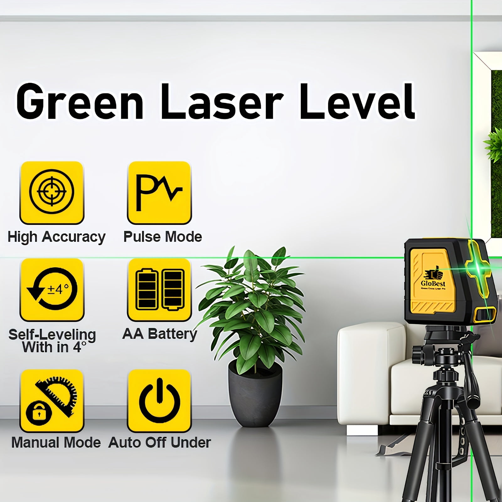 Laser Level, Self Leveling Cross Line Lasers, Green Beam Leveler Tool, with Self-leveling, Manual, Pulse Mode, Lazer Level with 360 Degree Magnetic Base and Battery