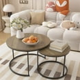 thumbnail image 2 of Round Nesting Coffee Table Set of 2, （27.56" Φ x 17.72" H & 19.69" Φ x 15.75" H） Industrial Nesting Tables for Living Room，Wood Grain Top with Adjustable Non-Slip Feet (Brown), 2 of 16