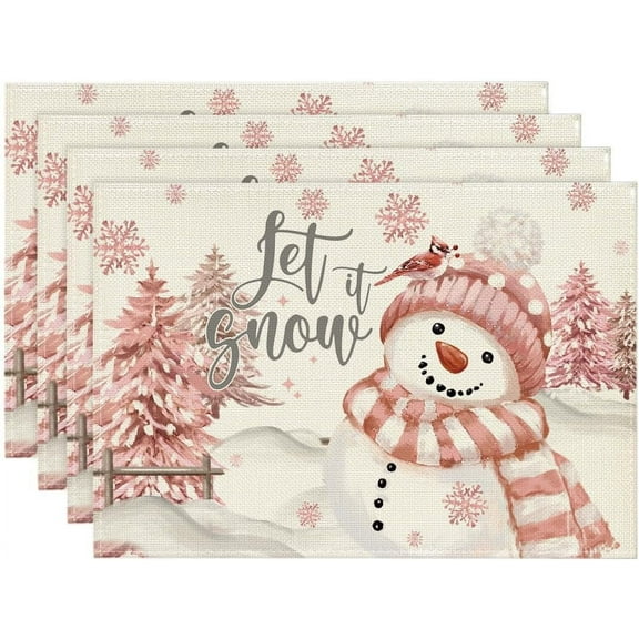 Xmas Trees Let It Snow Pink Snowman Christmas Placemats Set of 4, 12x18 Inch Winter Table Mats for Party Kitchen Dining Decoration
