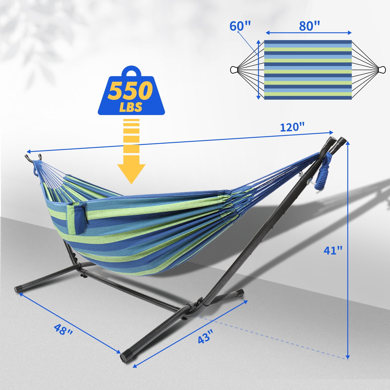 Ktaxon 9ft 200*150cm Polyester Cotton Hammock Hammock Set Blue Strip