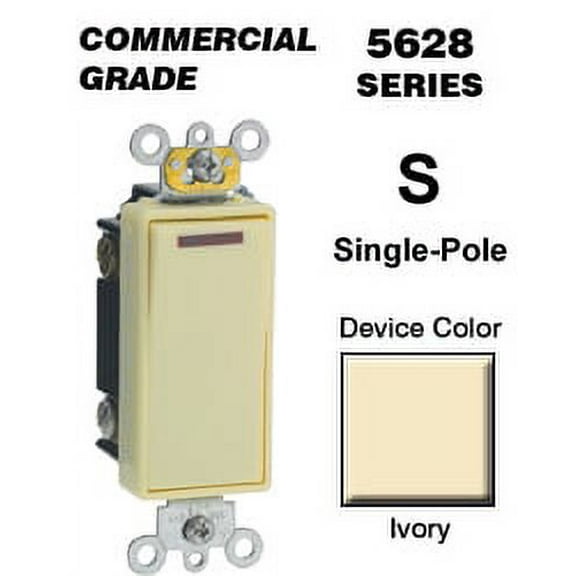 Leviton 5628-2I Rocker Switch Decora Single-Pole 20 Amp 120 VAC Self-Grounding Commercial Grade Back and Side Wired - Ivory