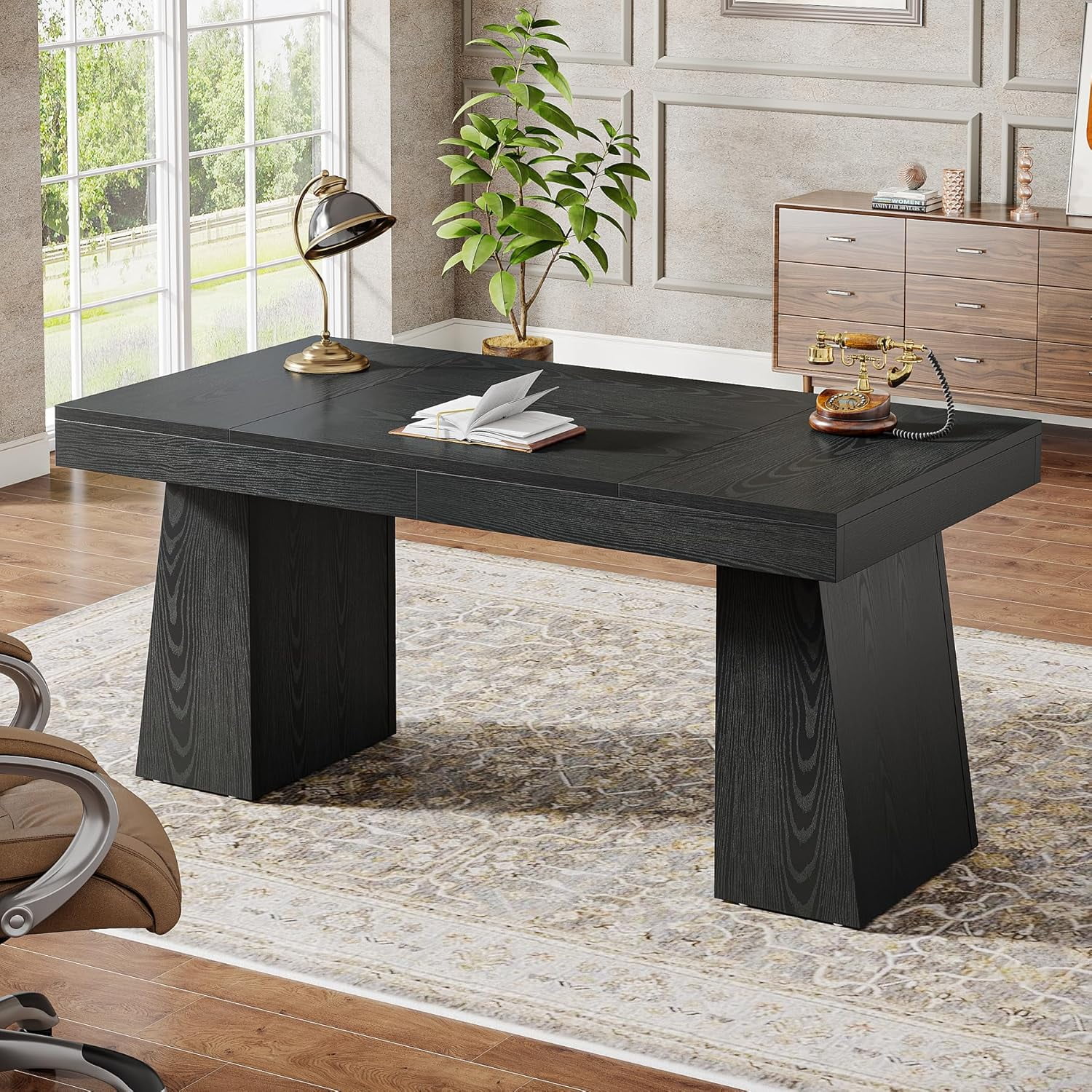 Tribesigns 55 Inches Executive Desk, Mid-Century Modern Home Office Desk with Double Trapezoid Base