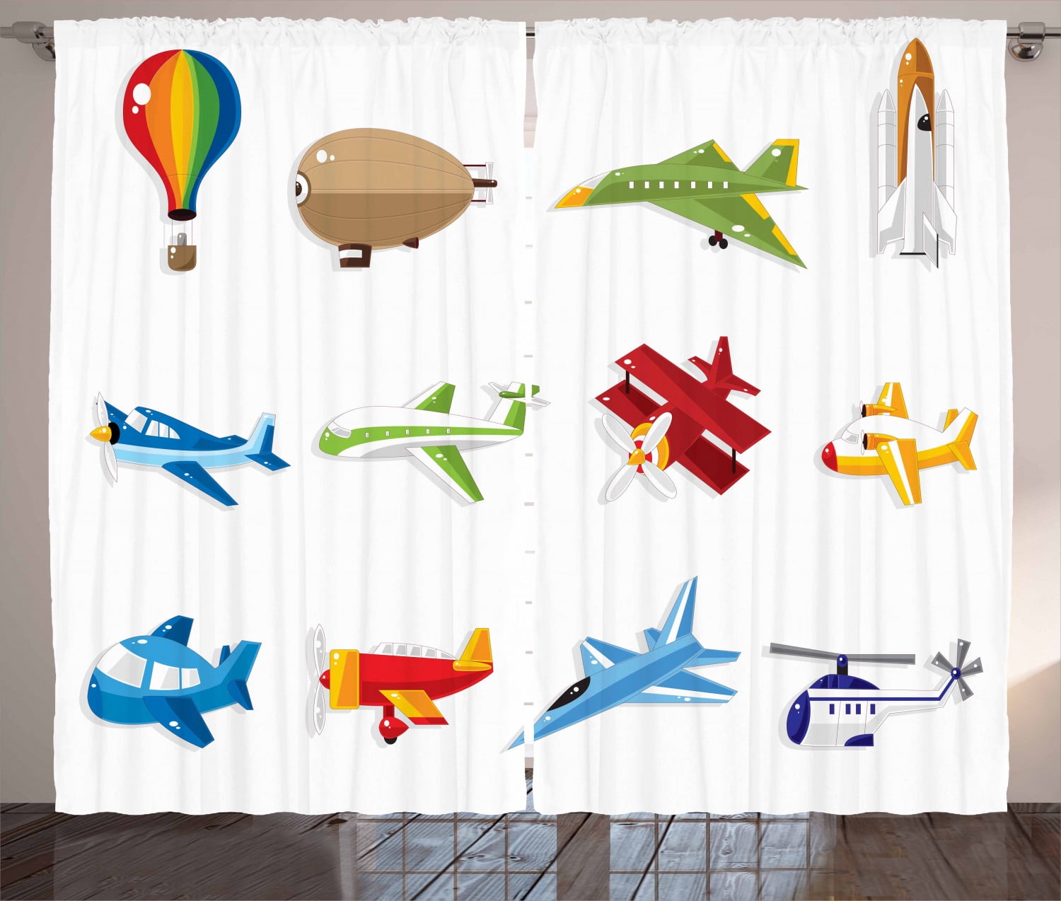 Boy's Curtains 2 Panels Set, Aircrafts with Cartoon Style Jet Airliner ...