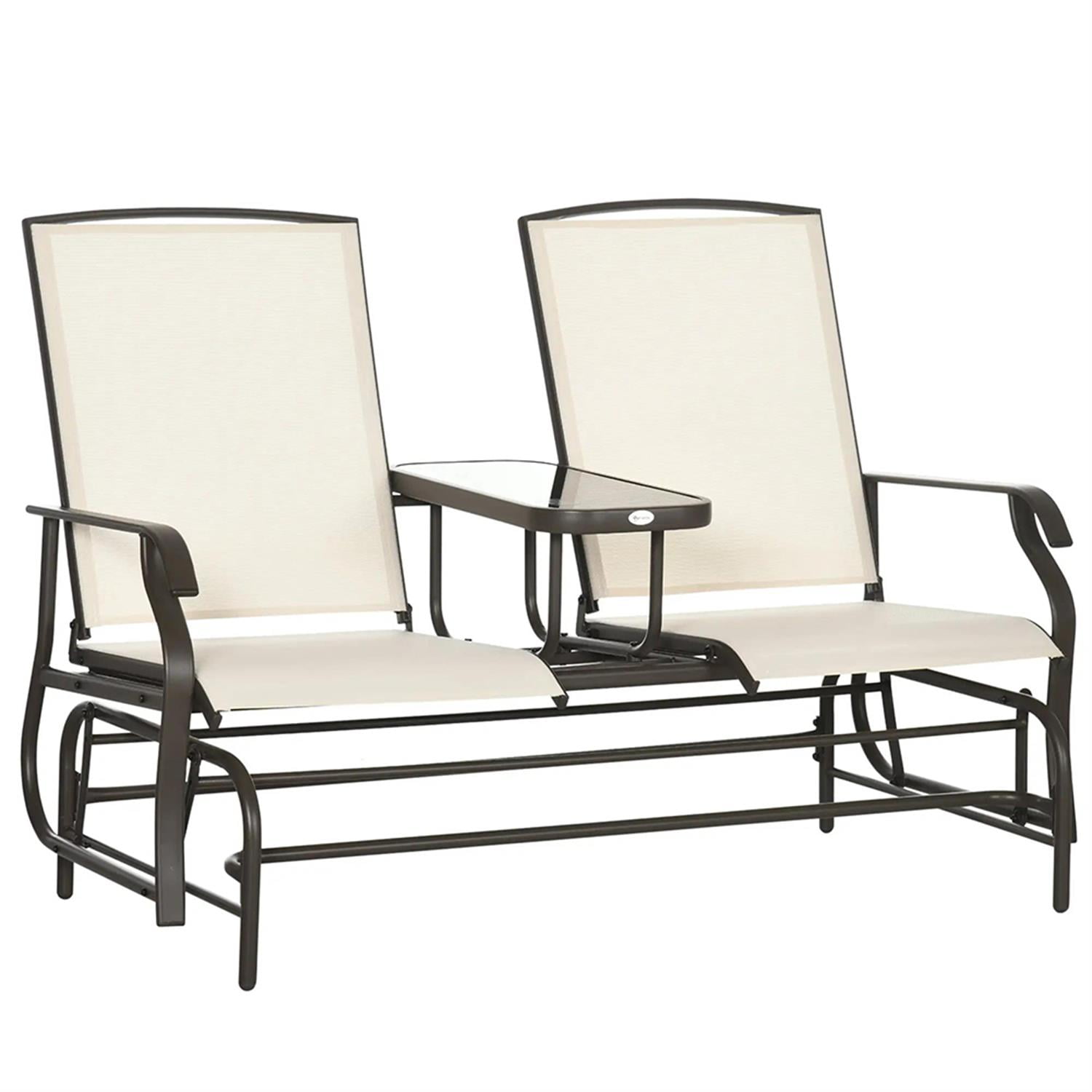 Demi Bonn Outdoor Glider Chairs with Center Table, Metal Frame Patio Loveseat Bench with Breathable Mesh Fabric and Armrests for Backyard Garden Porch, Beige