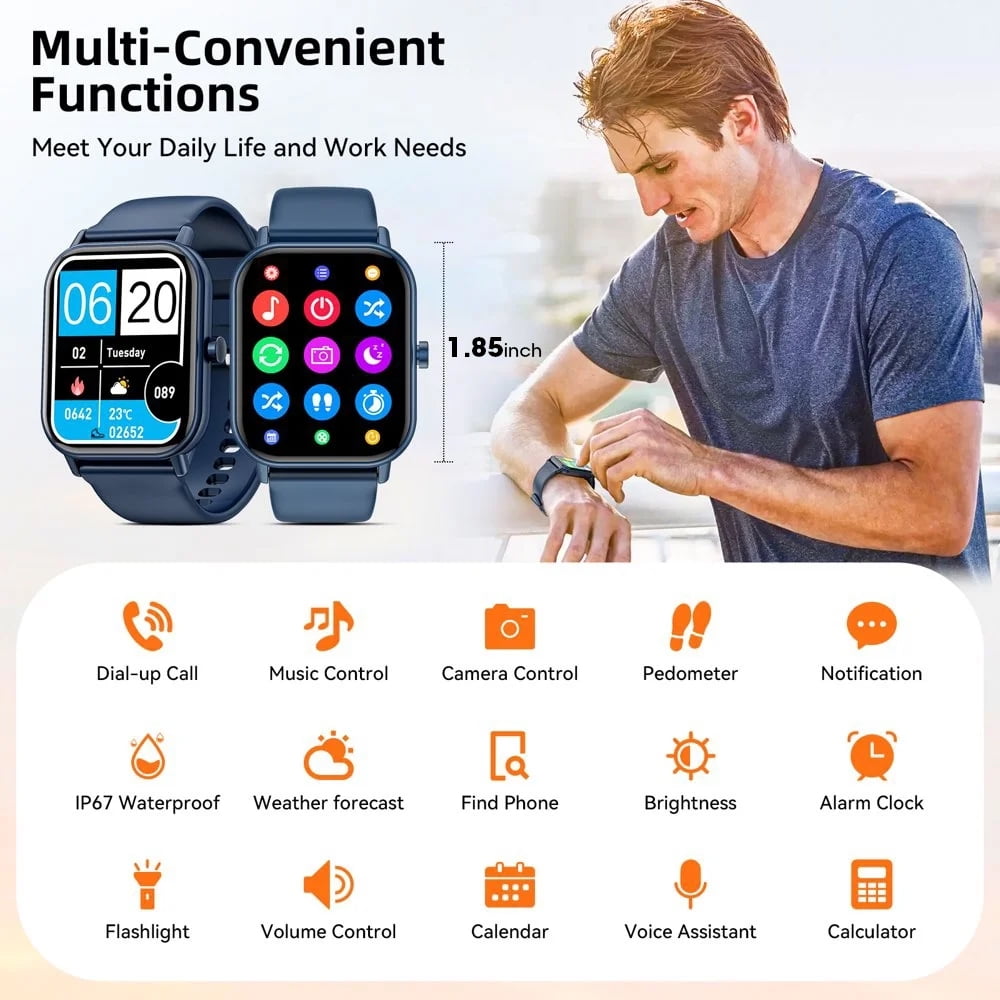 Mingdaln smartwatch for Android and Iphone Devices，1.85 Inches with Answer/Make Calls/100+ sport mode/IP68 Waterproof, with Activity Fitness Tracker for men and women (Blue)