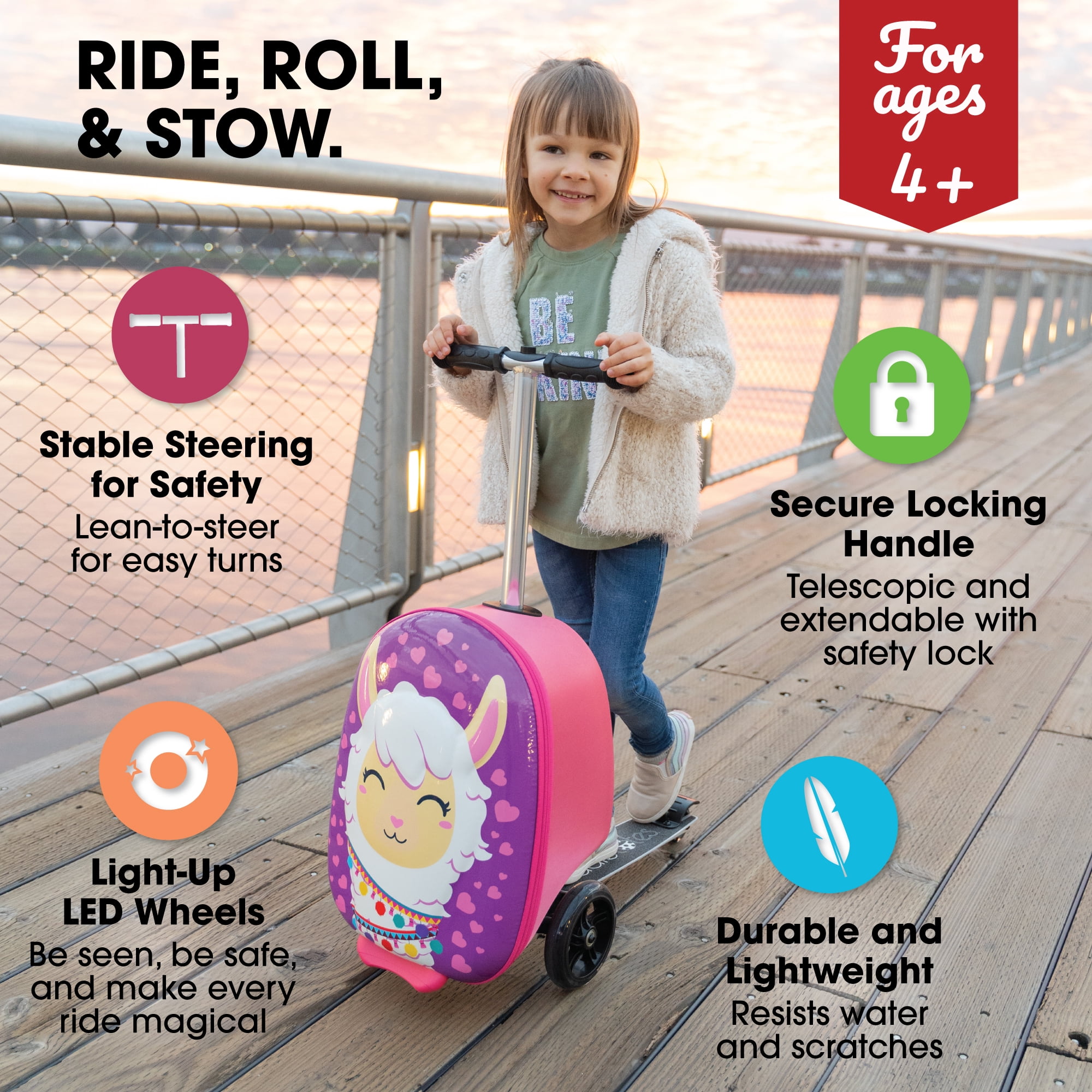 Kiddietotes 19.50" Kids 3-D Hardside Llama Scooter Luggage Ride On Suitcase, Pink