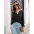 thumbnail image 4 of Women'S Striped Sailor Collar Cuffs V-Neck Regular Fit Knit Sweater Black S, 4 of 5