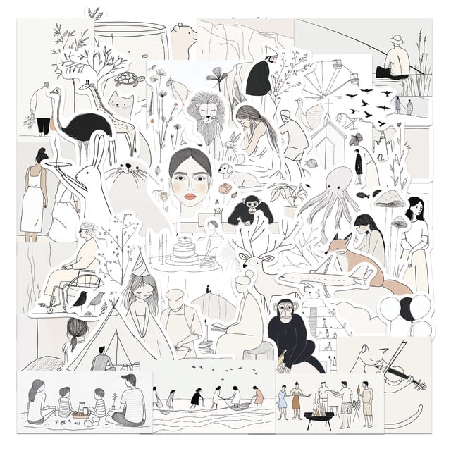 Juego de pegatinas Doodle en blanco y negro, 50 piezas, arte lineal minimalista