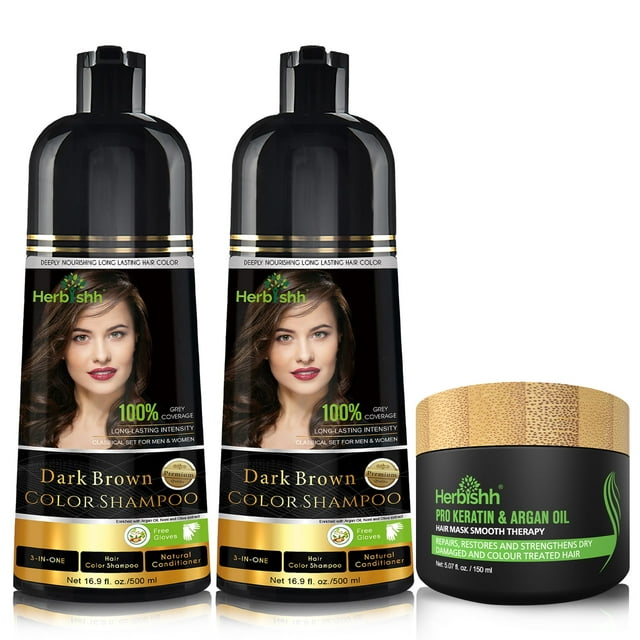 Herbishh Champú tinte capilar + Mascarilla capilar de argán Combo Pack-2pcs (Café Oscuro)