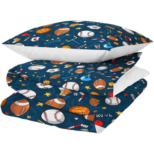 Ultimate Gift Idea: 3D Sports Comforter Set, Baseball Basketball Football Design for Kids Boys Adults Room, Twin/Full/Queen/King Size Blue