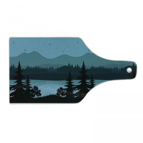 Lake Forest Cutting Board, Trees on Shore of a Mountain Lake and Birds in Sky Blue Tones Illustration, Decorative Tempered Glass Cutting and Serving Board, in 3 Sizes, by Ambesonne