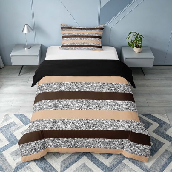 Homewish Contemporary Striped Twin Duvet Cover, Brown Silver Twin Bedding, Black Reversible, 2 Pieces 1 Duvet Cover and 1 Pillowcase