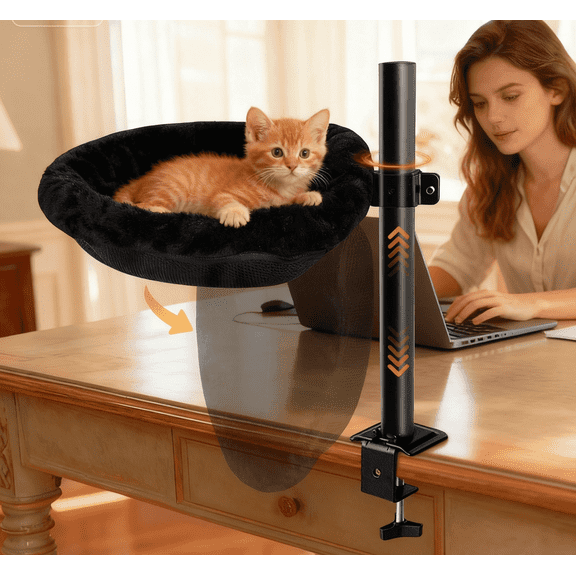L&W BROS. Space-Saving Up & Down Foldable Cat Desk Hammock - Semi-Circle, 55lb Capacity for Large Cats, 360° Swivel, Machine Washable Plush Fleece Cover for Gaming Desks