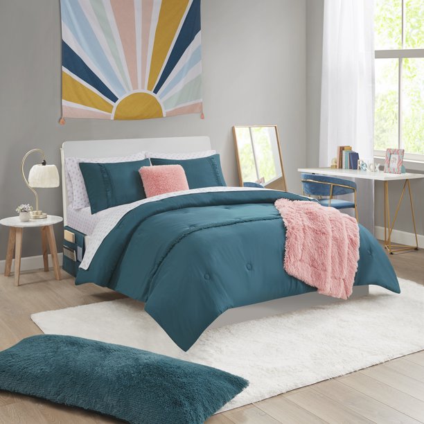 Mainstays Teal Fringe Sunburst Room in a Bag Ultimate Bed Bundle Set