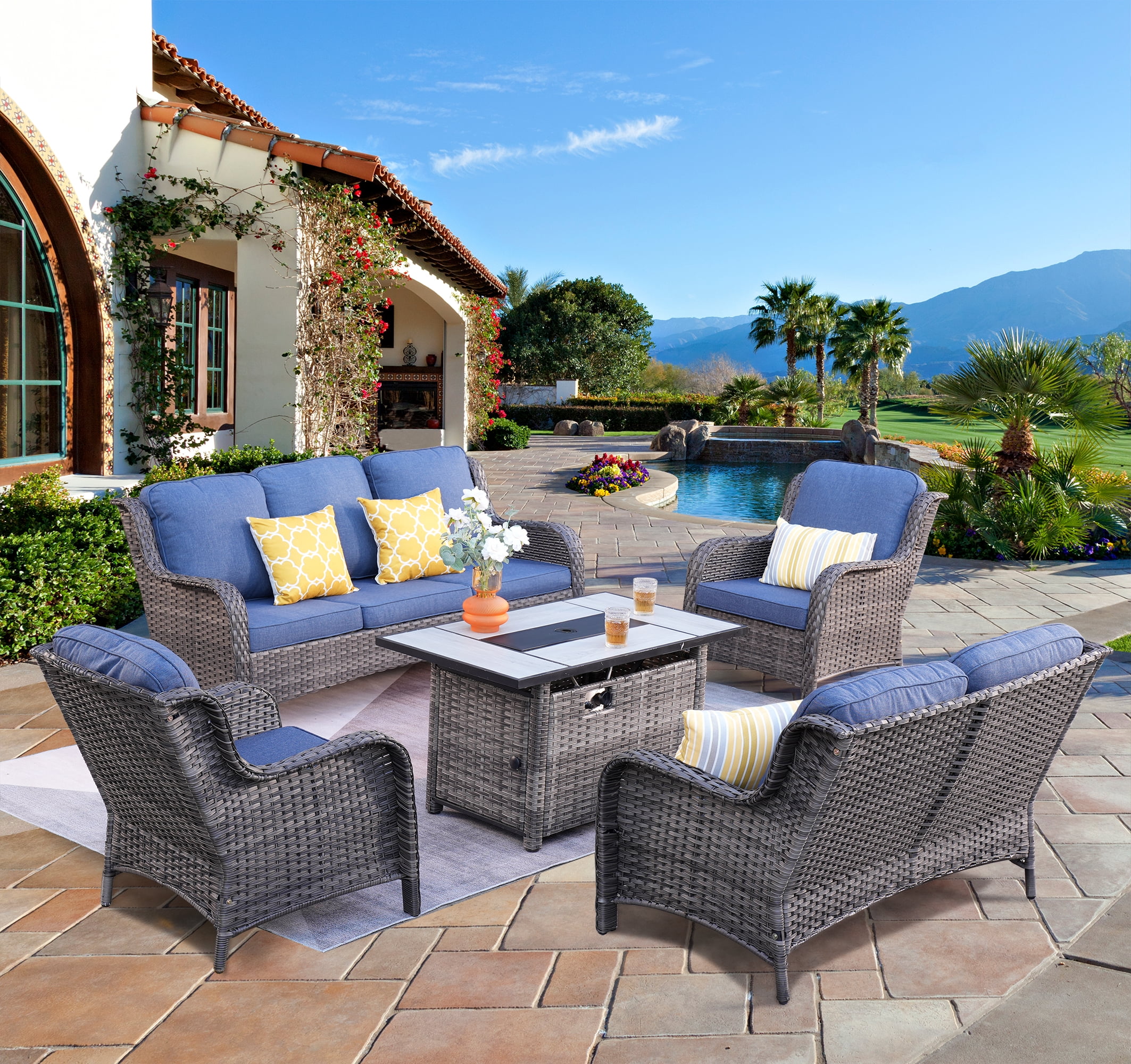 Ovios 5 Pieces Outdoor Patio Furniture Sectional Sofa Set, Grey/Denim Blue