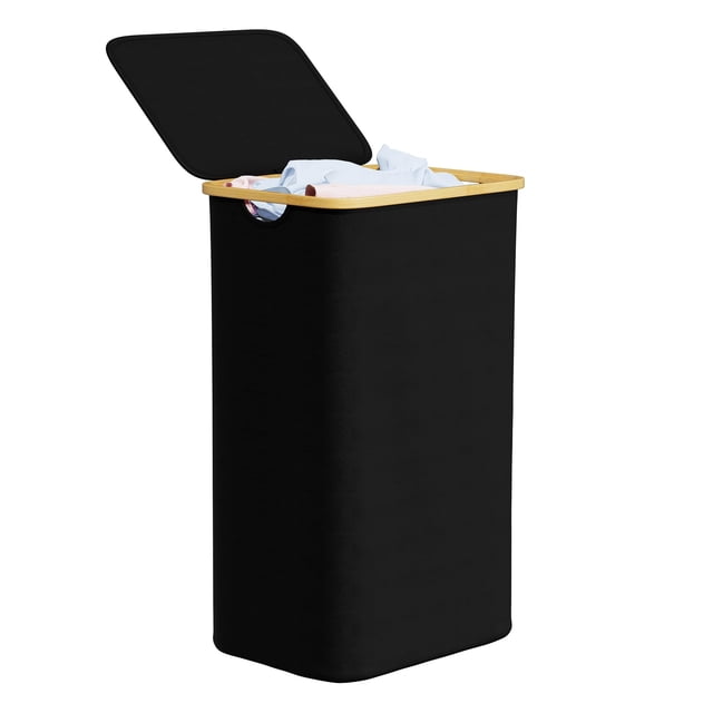 SpaceAid Cesta para la colada con tapa, cesta grande para ropa alta de 110 L con asas de bambú, cesta plegable para la colada para dormitorio, baño, dormitorio, cuarto de lavado, color negro