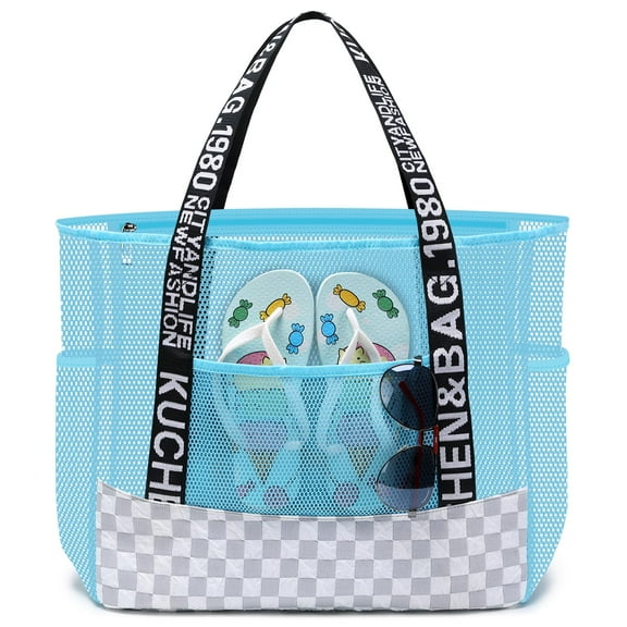 Large Beach Bag Tote - Foldable Pool Bag Shoulder Handbag Lightweight - Blue