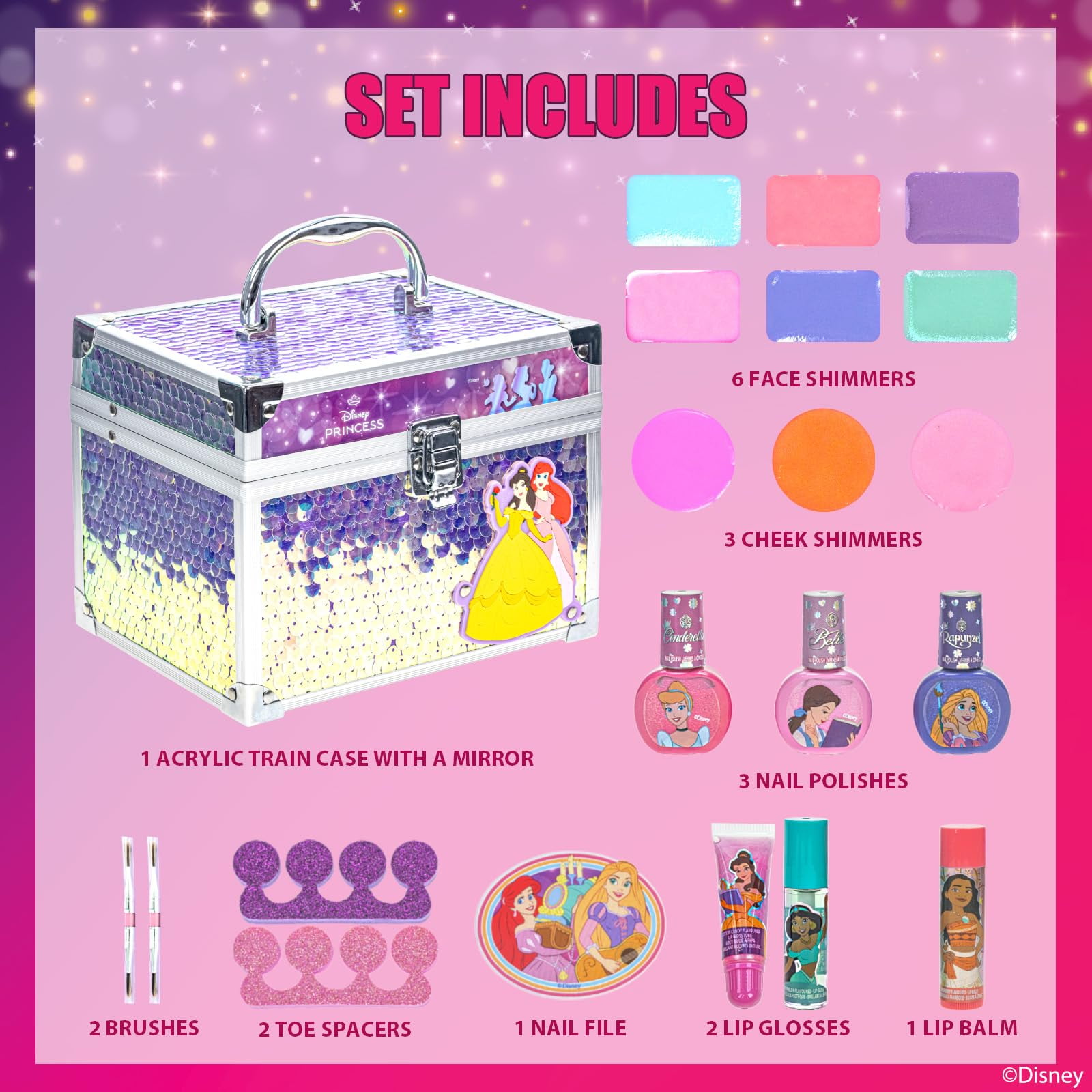 Disney Princess Train Case Makeup Set Toys for Girls Washable Makeup for Kids Pretend Play Makeup