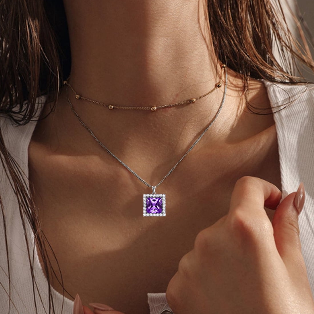 6 Carat February Birthstone Necklace Amethyst Pendant Princess Cut Purple 925 Sterling Silver Jewelry Women Mom Birthday Valentine's Day Gifts Juwaliy