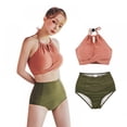thumbnail image 1 of Women Sexy Bikini Set Solid Color Simple High Waist Halter Cross Strap Bandage Split Bikini Set Swimsuit, 1 of 11
