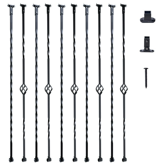 VEVOR Staircase Metal Balusters, 44'' x 1/2" Galvanized Steel Decorative Banister Spindles, 10 Pack Deck Baluster with Hollow Single Baskets, Twists, Spiral Stair Railing w/ Shoes & Screws
