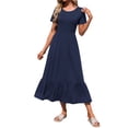 thumbnail image 6 of TARAINYA Summer Women Short Sleeve Long Dress Casual Round Neck Pocket Dress with Cascading Ruffle Hem Loose Elastic Waist Long, 6 of 8
