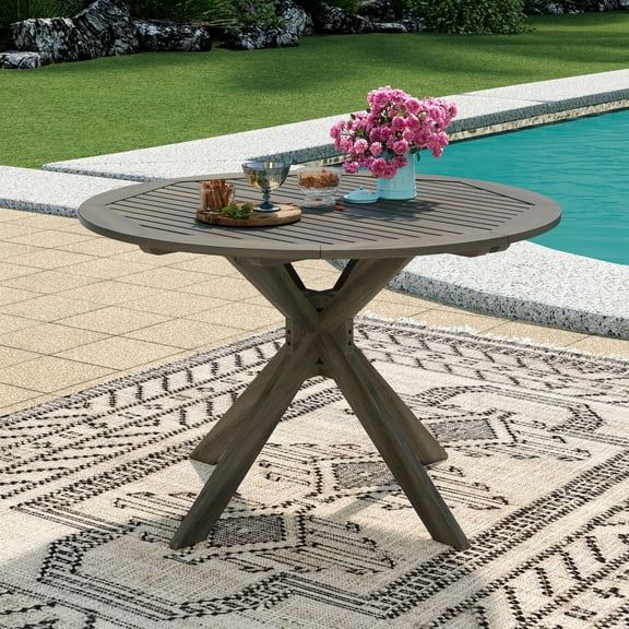 GDF Studio Brigitte Outdoor Round Acacia Wood Dining Table, Gray