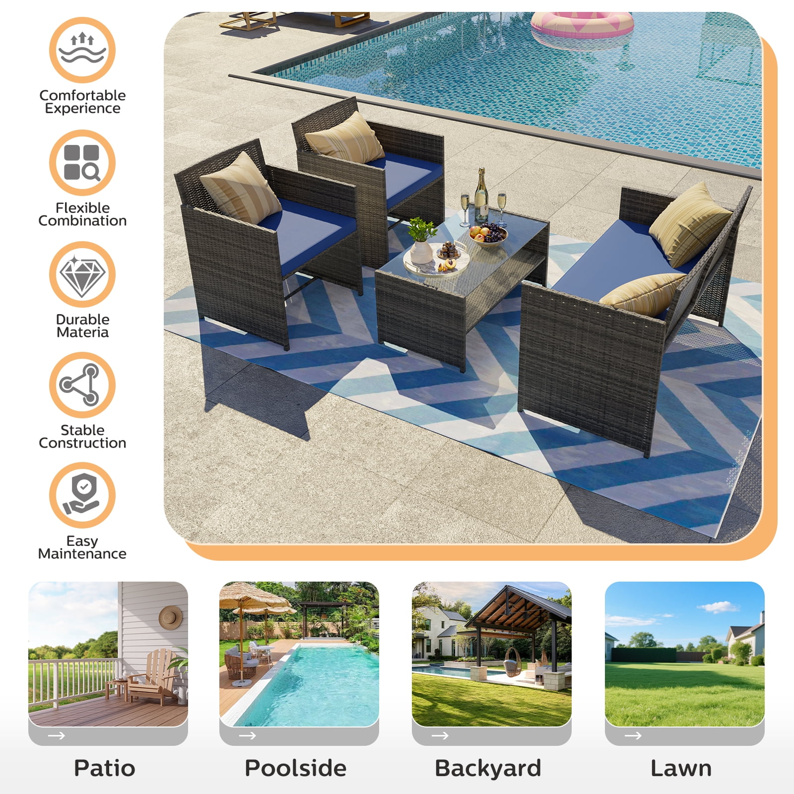 ELPOSUN 4-Piece Rattan Wicker Patio Furniture Set with Cushions and Tempered Glass Tabletop, Patio Conversation sets Navy Blue