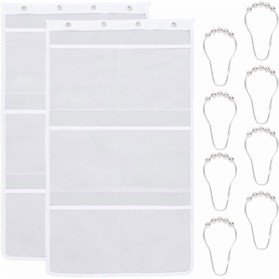 White 2 Pack Mesh Showers Caddy Bag Hanging Mesh Shower Organizer 6 Pockets with Quick Drying Portable Space Saving Bathroom Organizer for Soap Shampoo Loofah Cruise Ship Essentials