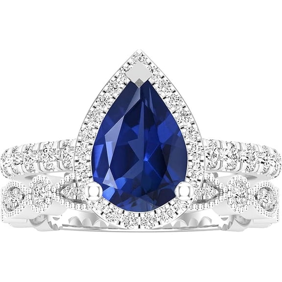 Divine_creation 14K White Gold Plated 2.50 Ct Pear Cut Blue Sapphire Christmas Thanksgiving Wedding Bridal Ring Set 925 Sterling Silver For Women's -5