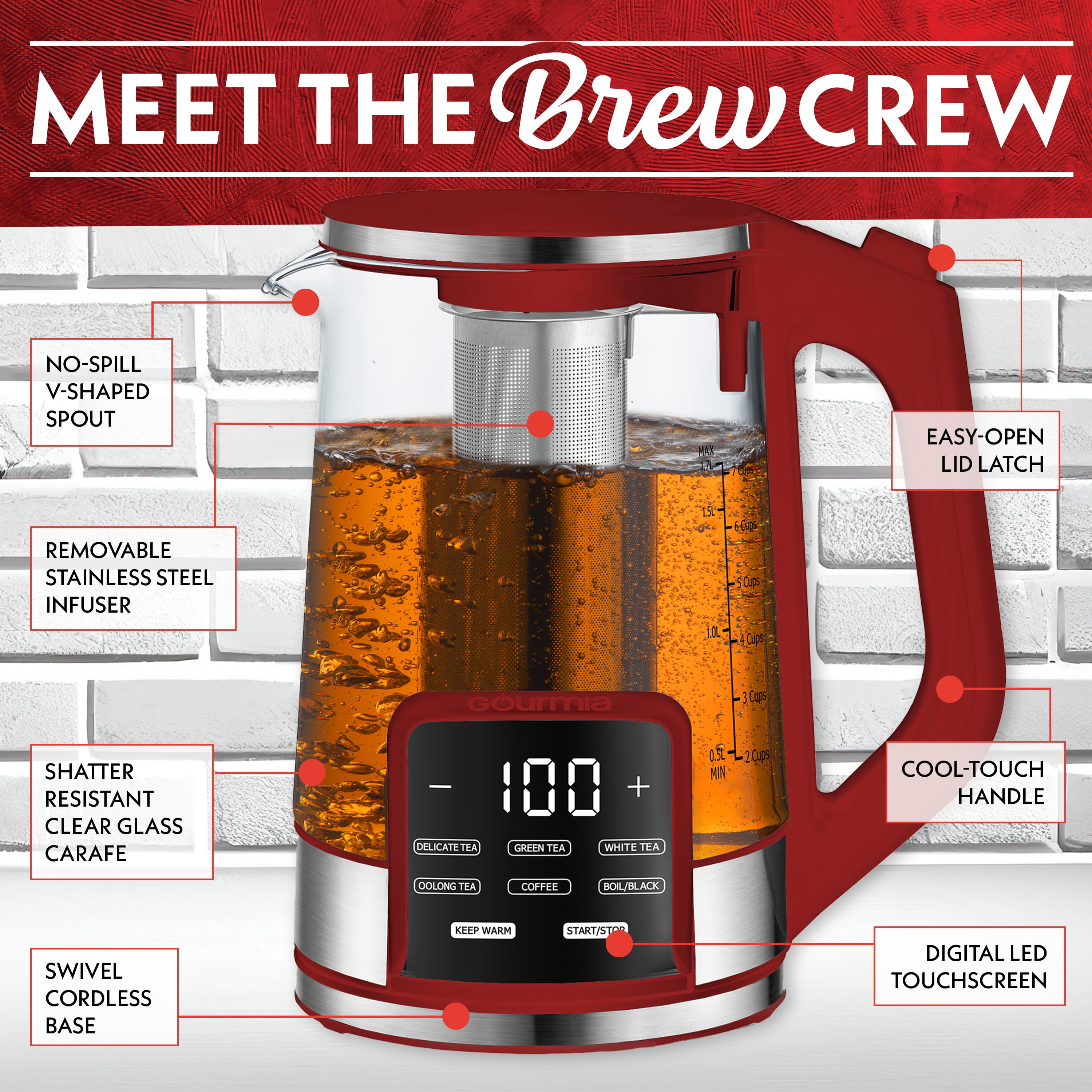 Gourmia Electric Kettle 1.7L with 6 Presets, Digital Display, and Tea Infuser, Red