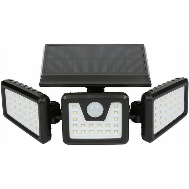 Foco solar de pared para exterior, lámpara solar con 3 cabezales, 70 LED, detector de movimiento