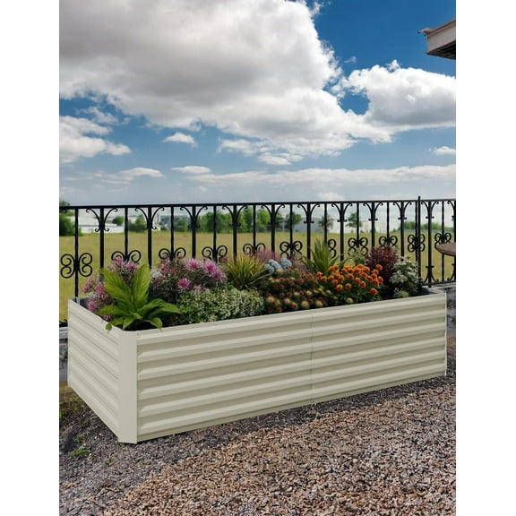 Durable Metal Raised Garden Bed Outdoor Planter Box – 6x3x2ft, Large Capacity Square Garden Bed for Vegetables, Flowers, Herbs, Succulents, Beige