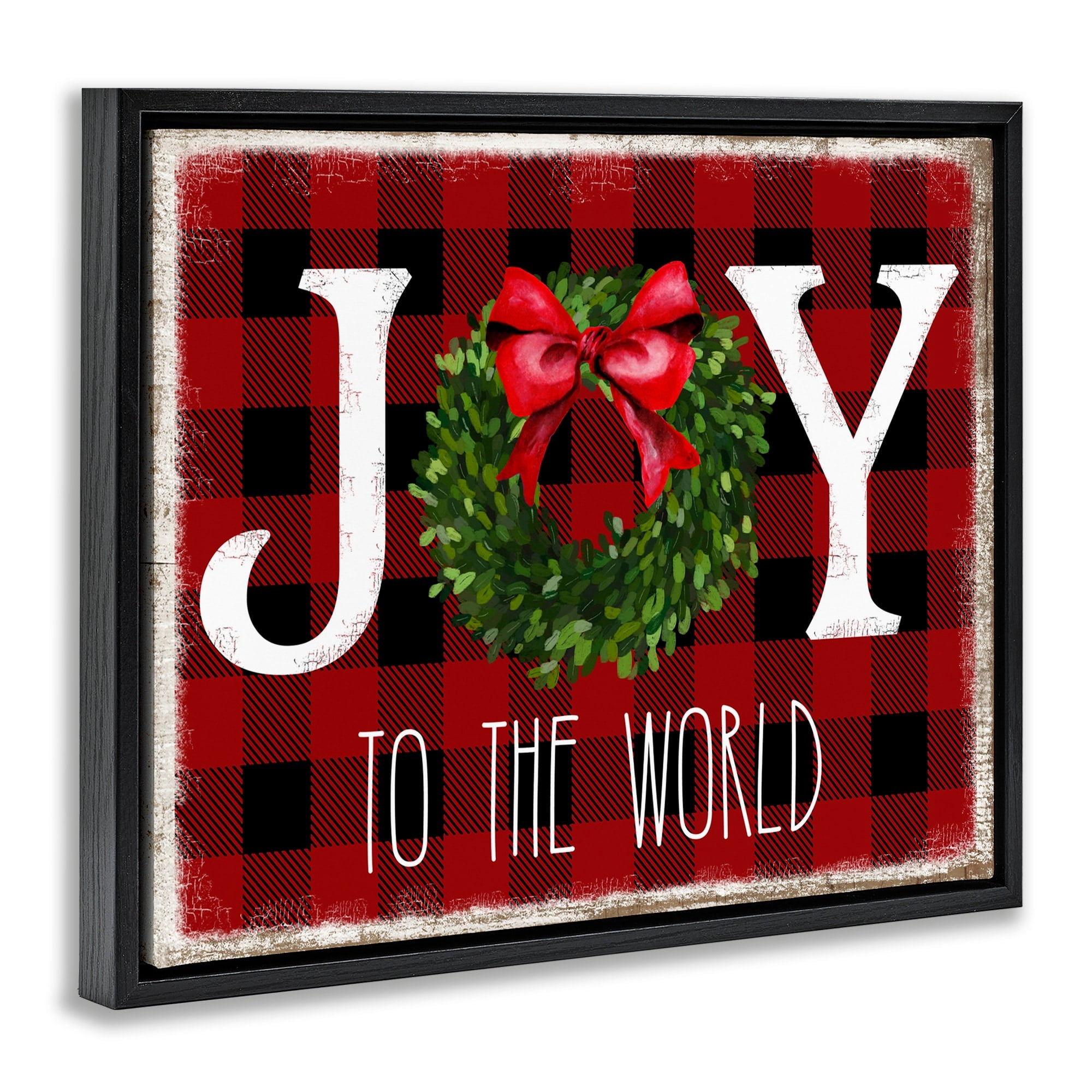 Stupell Industries Joy To World Christmas Charm Buffalo Plaid Jet Black Framed Floating Canvas Wall Art, 24x30, by Deborah Brown