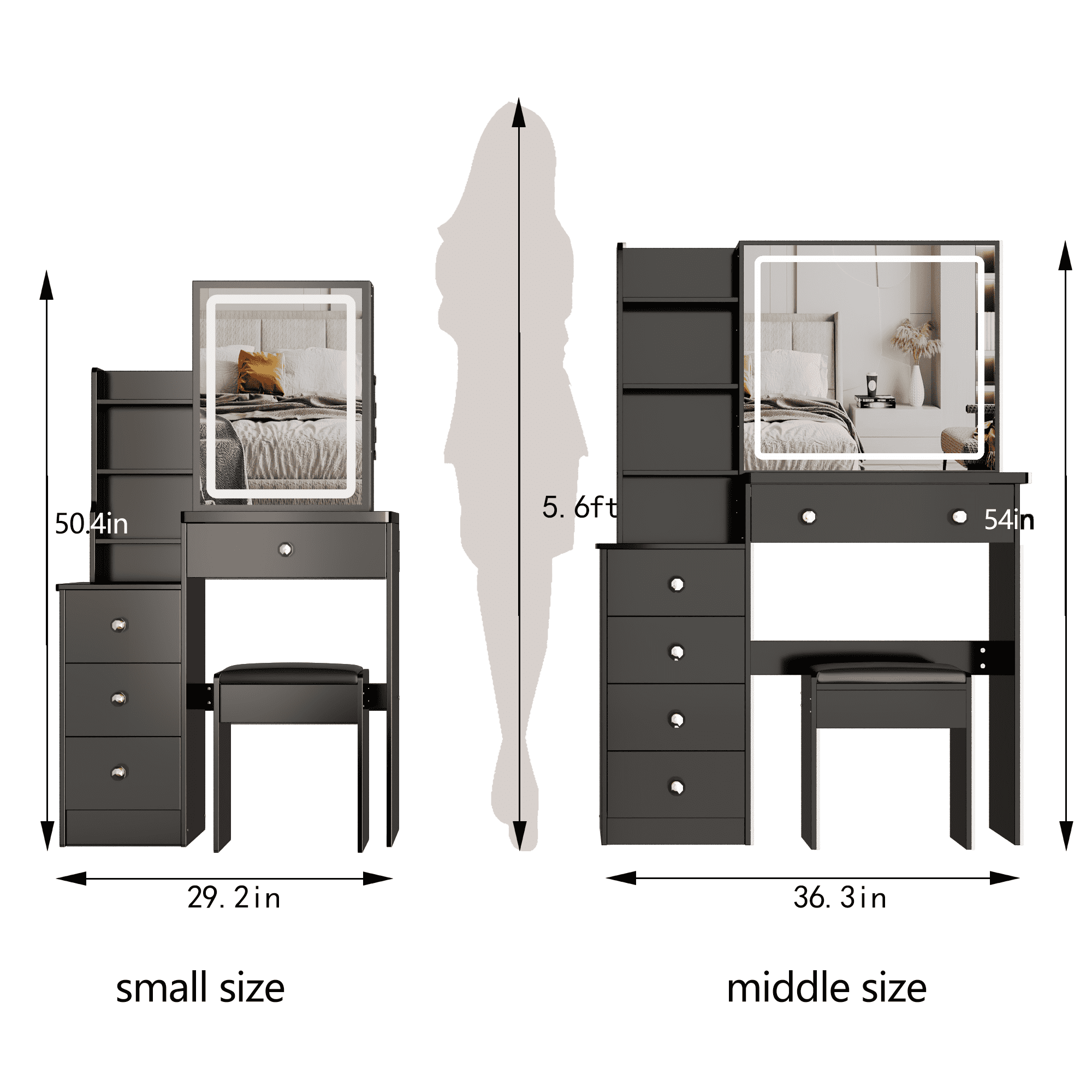 29.2" Small Size Left Bedside Cabinet Vanity Table + Cushioned Stool, Large Sliding, Touch Control, Tri-color Switching, Brightness Adjust LED Mirror, High Capacity Storage