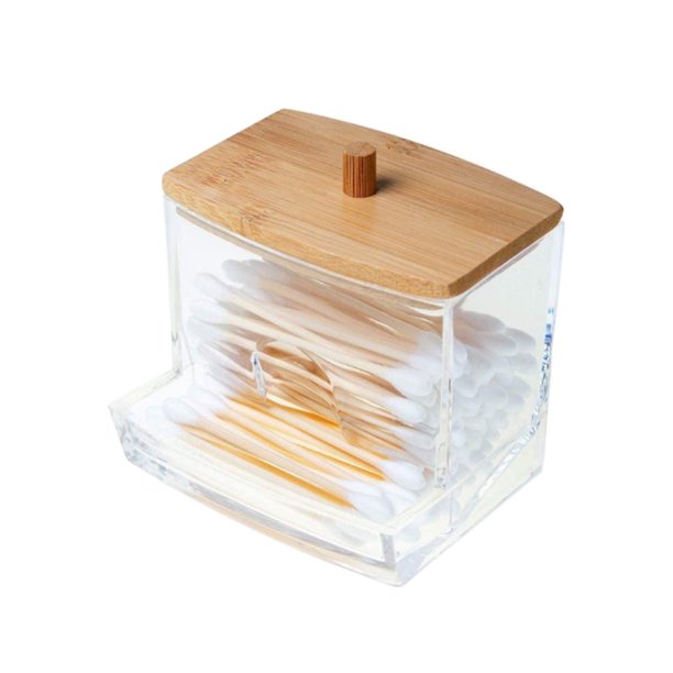 Soporte Para Bastoncillos De Algodón Soporte Para Bastoncillos De Algodón Recipiente de bola de hisopo de algodón acrílico con soporte de cubo de algodón de maquillaje de cubierta de bambú
