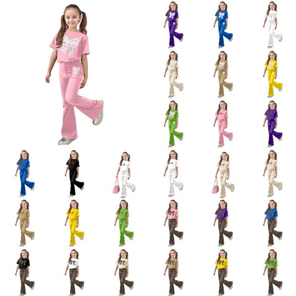 Y-Sunset Girls 2 Piece Outfit, Short Sleeve Shirt and Leggings Set with a Cute Print, Stretchy Fit and all-day Comfort for School, Play and Casual Wear